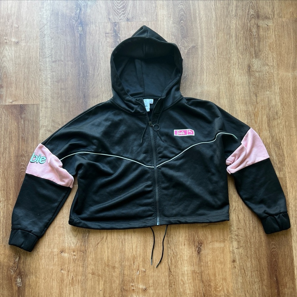 Puma X Barbie Hoodie Women’s Medium Black Cropped Zip Up Hoodie